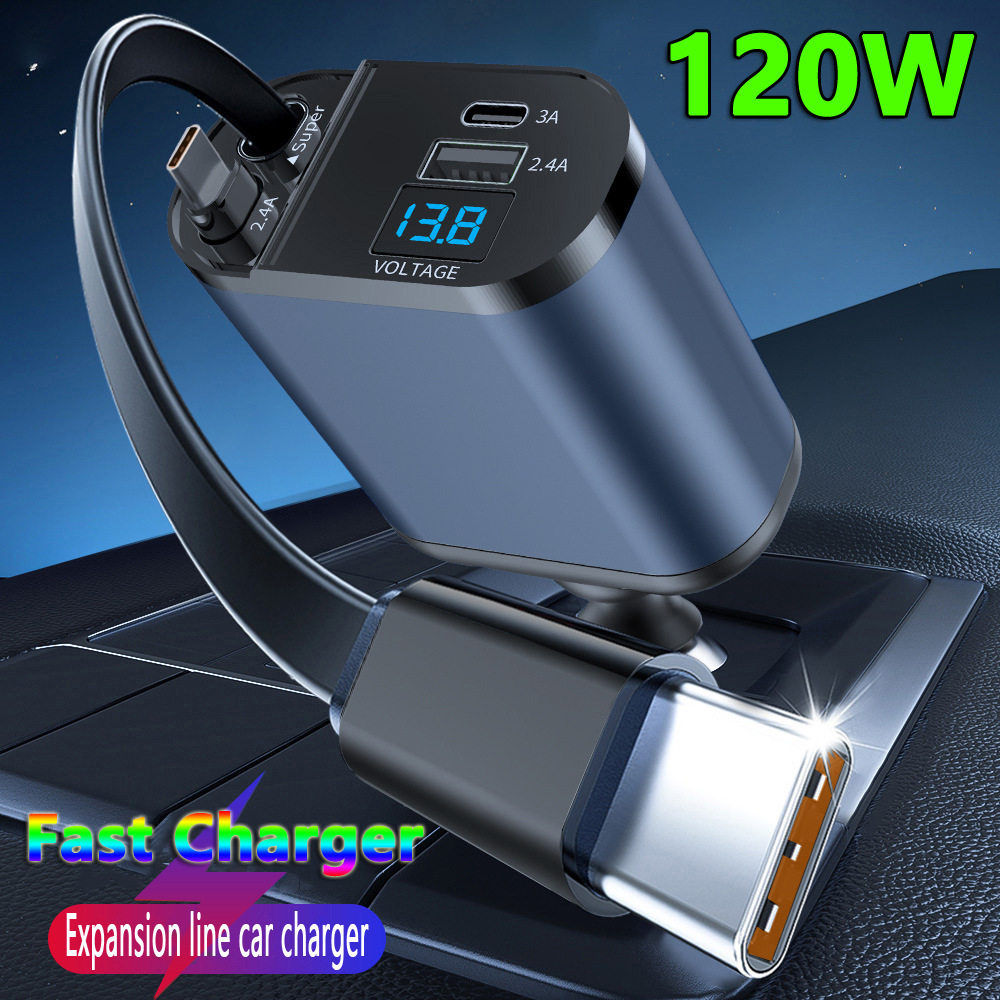 Cross-Border Car Charger Super Fast Charging Multi-Function Cigarette Lighter Retractable Cable Pd Fast Charging Mobile Phone Conversion Plug