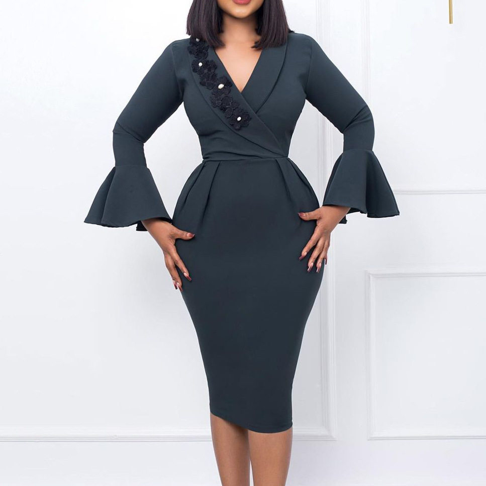 Elegant V Neck Bodycon Dress Bell Sleeves Split Hem Autumn Winter Style Wholesale Womens Fashion Apparel
