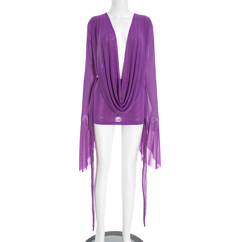 D25DS222 欧美跨境新款女装网纱荡领大摆长袖露背A字短袖连衣裙女