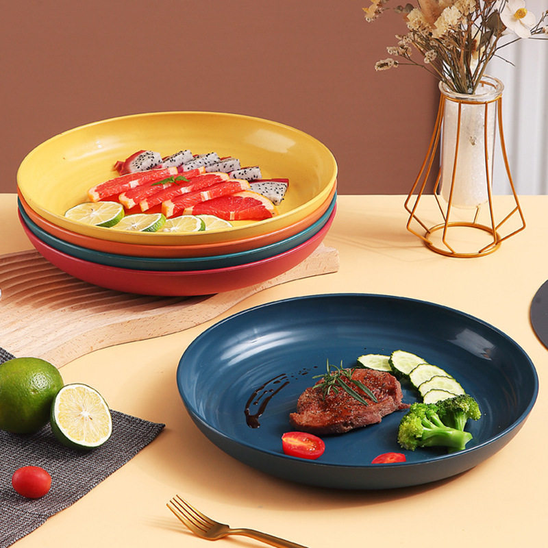 Wheat Straw Japanese 23cm Dinner Plate Household Steak Dessert Plate Family Student Salad Fruit and Vegetable Large Plate Wholesale