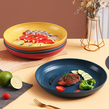 Wheat Straw Japanese 23cm Dinner Plate Household Steak Dessert Plate Family Student Salad Fruit and Vegetable Large Plate Wholesale