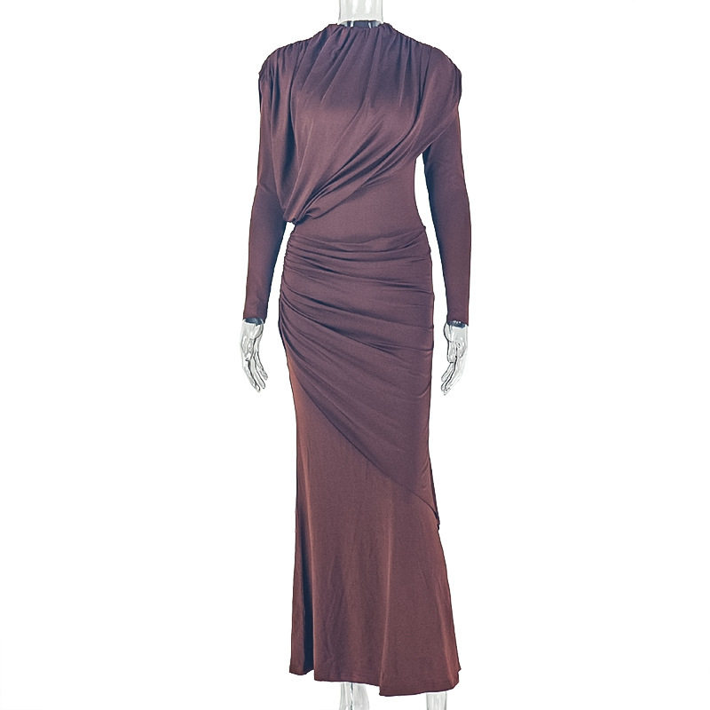 Womens Bodycon Dress High Neck Long Sleeve Pleated Design Casual Office Wear Wholesale Available
