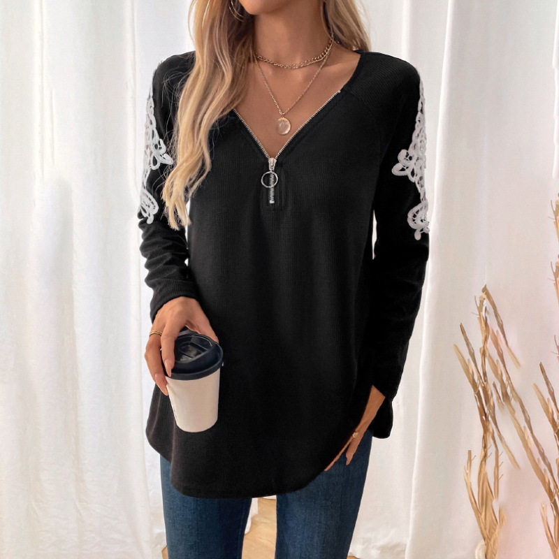 Casual Black T Shirt Embroidered Long Sleeve Drop Shoulder Autumn Wear Wholesale Available