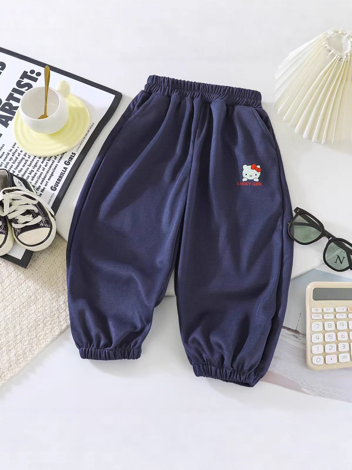 Celana panjang casual warna polos anak perempuan baru musim gugur, celana serbaguna anak dengan manset