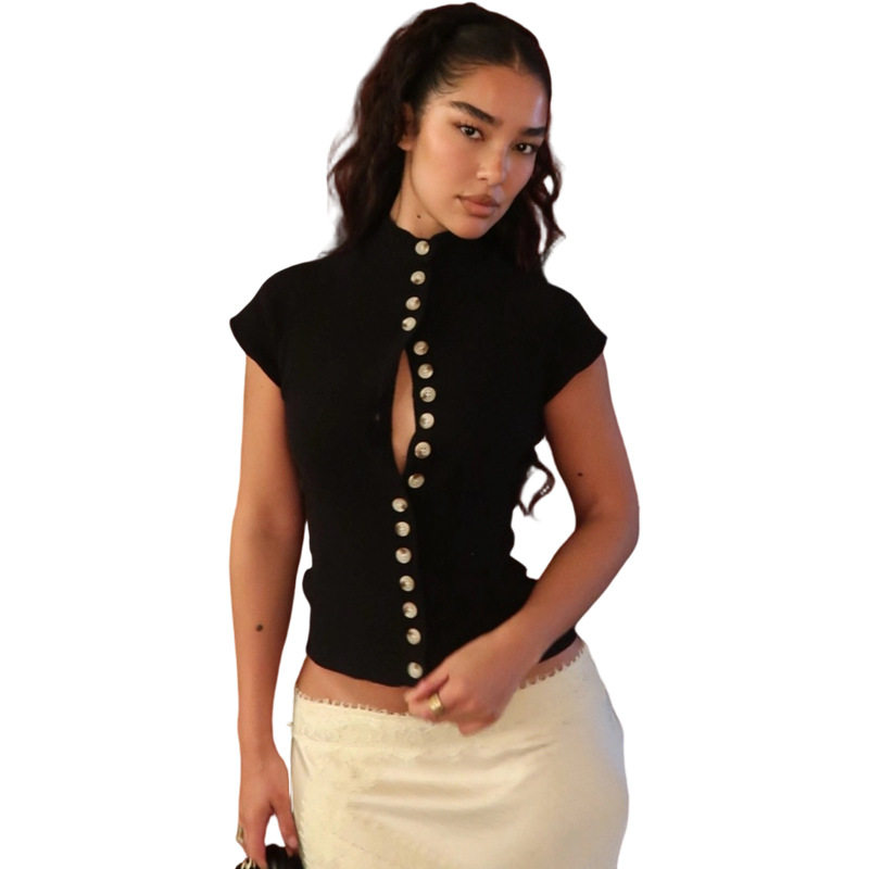 Womens Summer High Neck Button Detail Hollow Out Top Slim Fit Short Sleeve Solid Color Casual Wear Wholesale