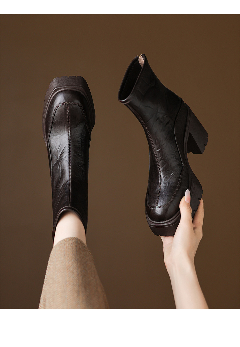 Boot nữ da bò mũi vuông gót thô 8cm đế cao su chống trượt — Lớp lót đơn màu đen, Lớp lót đơn màu nâu, Lót nhung đen, Lót nhung màu nâu