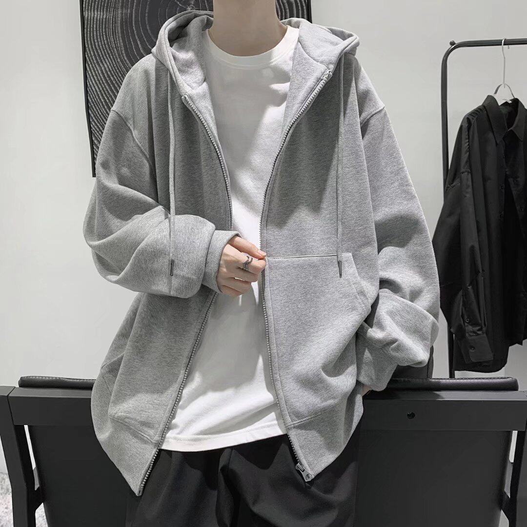 Men's autumn new Korean style cardigan hooded sweatshirt tops ins loose casual solid color jacket