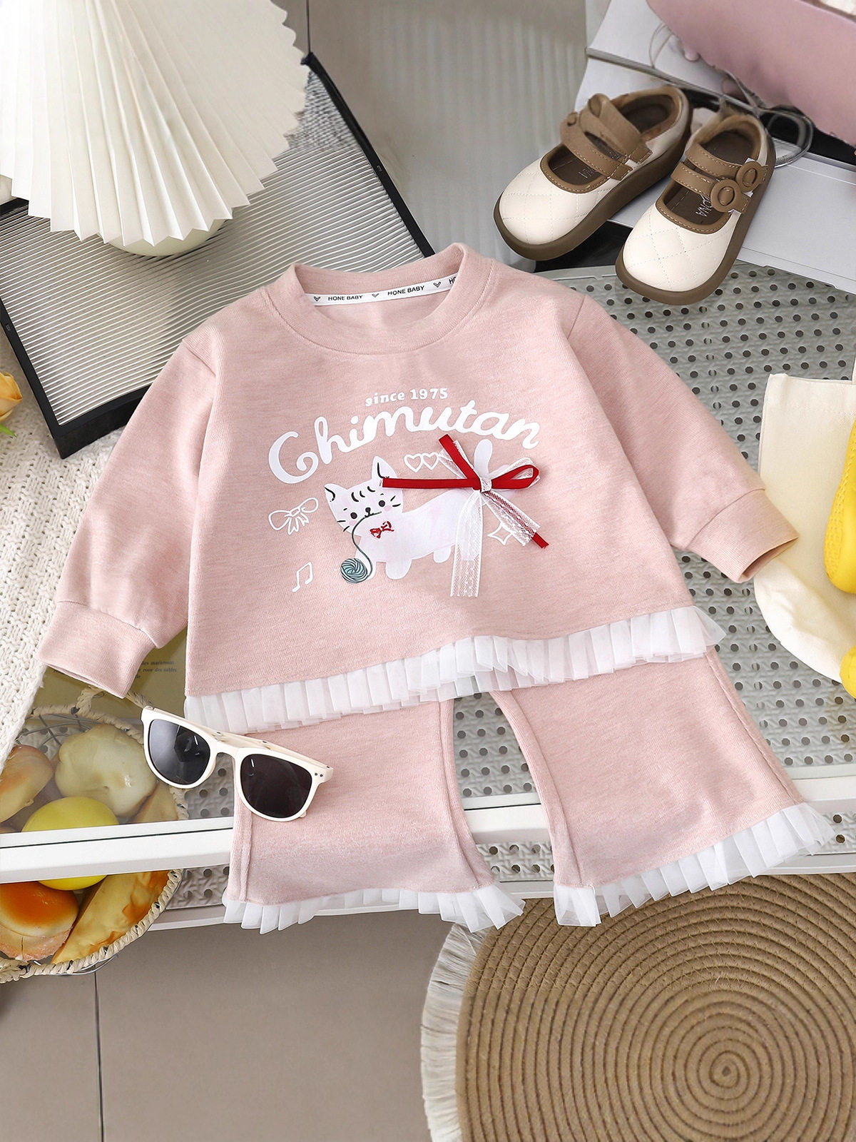 Girls' Cartoon Printed Hoodie Set, Spring & Autumn Sweet Lace Wide-Leg Pants Two-Piece Outfit