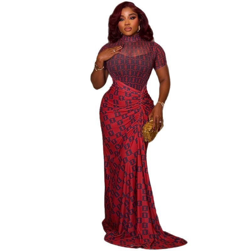 Elegant Womens Bodycon Dress Color Block Design Ruffled Print Sheer Short Sleeves Perfect for Office and Casual
