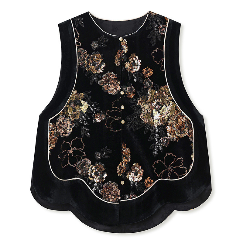 Áo vest nữ dáng gile thêu hoa đính cườm phối cúc — Màu đen