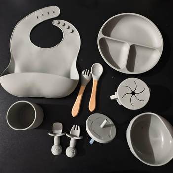 Children's Tableware Ten-Piece Feeding Set Baby Food Bowl Plate Spoon Fork Bib Silicone Plate