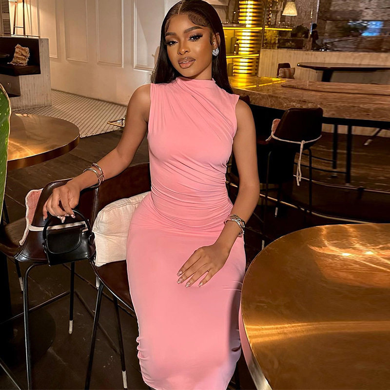 Sleeveless Bodycon Dress Solid Color Round Neck Waist Defining Casual Style Perfect for Parties or Everyday Wear