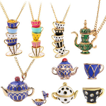European and American Fashion Brand Hot-Selling Jewelry Wholesale Enamel Glaze Tea Cup Earrings Long Necklace Sweater Chain Jewelry