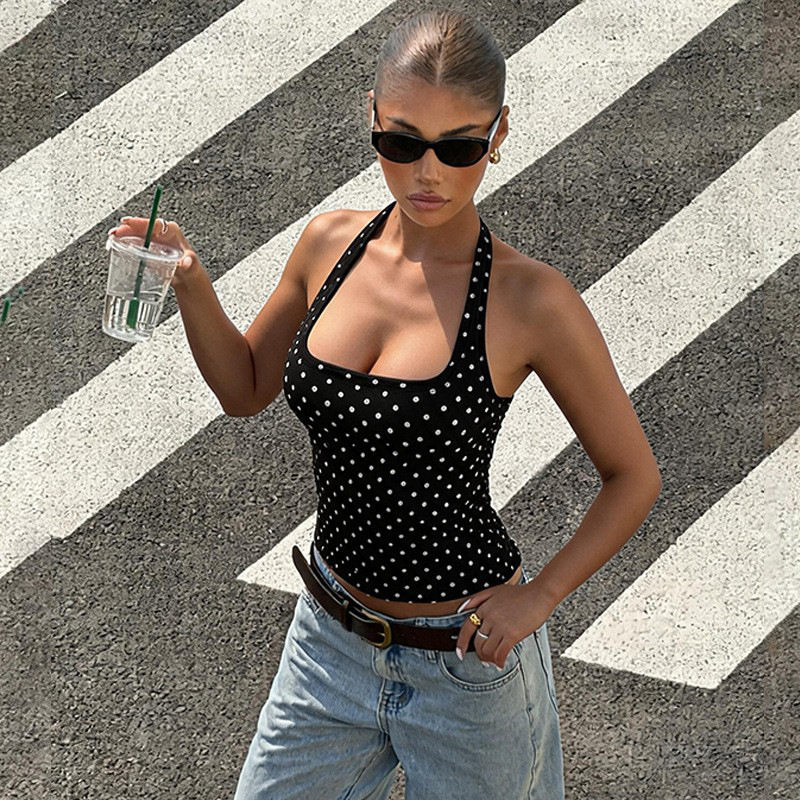 Backless Sleeveless T Shirt Polka Dot Print Slim Fit Trendy Design Summer Casual Wear for Women Wholesale Available