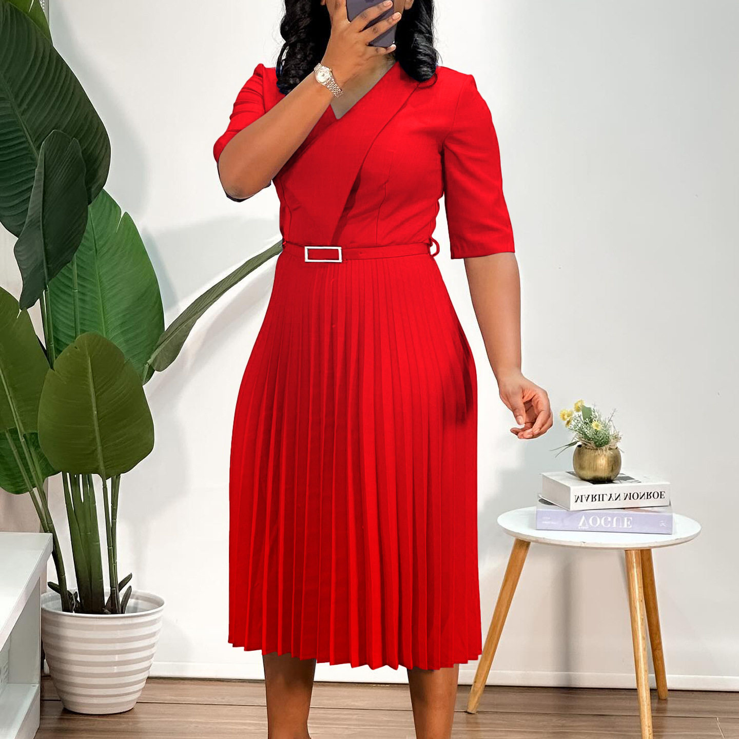 V Neck Pleated Dress Solid Color Fashionable Elegant Perfect for African Occasions Wholesale Available