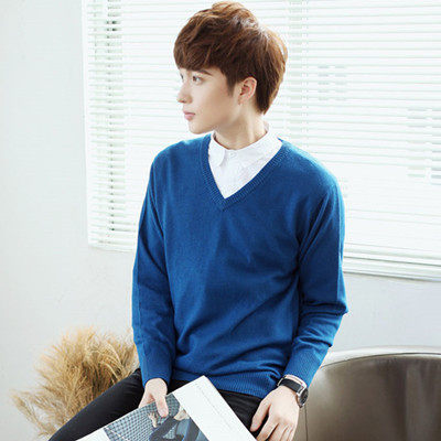 跨境新款韩版秋冬男士V领大码毛衫针织宽松纯色男毛衣打底衫