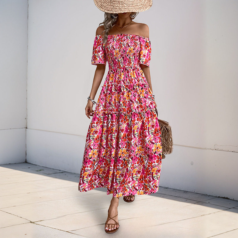 Bohemian Floral Print Dress Off Shoulder Puff Sleeves Elegant Design Perfect for Summer Events Wholesale Available
