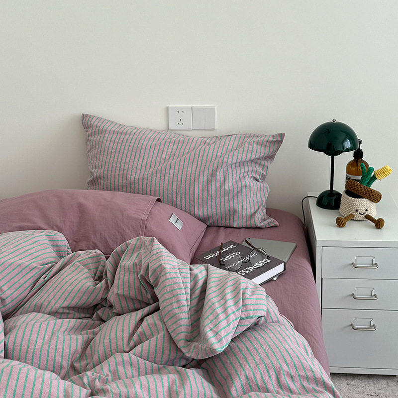 Wholesale Ins Japanese Simple Mix and Match Stripesd Cotton Four-Piece Set Scandinavian Style Cotton Yarn-Dyed Washed Cotton Four-Piece Set