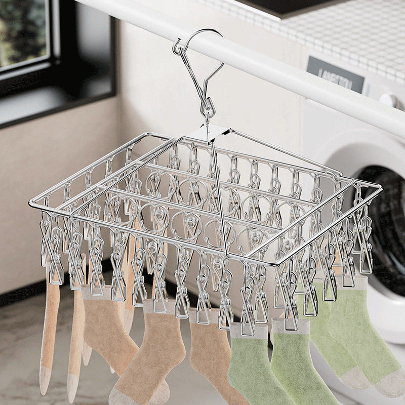 Stainless Steel Hosiery Rack Drying Rack Folding Multi-clip Clothes Drying Pin Socks Windproof Baby Drying Rack Household Commodity