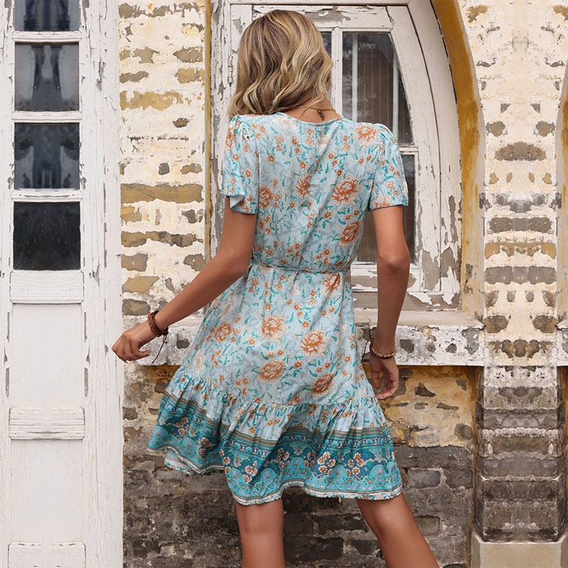 Bohemian Floral Geometric Print Maxi Dress Summer Style Tie Waist Comfortable Fabric Perfect for Casual Outings