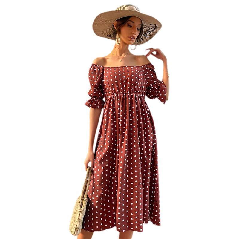 Vintage Polka Dot Ruffle Hem Dress Off Shoulder Summer Style Elegant Design Wholesale Available