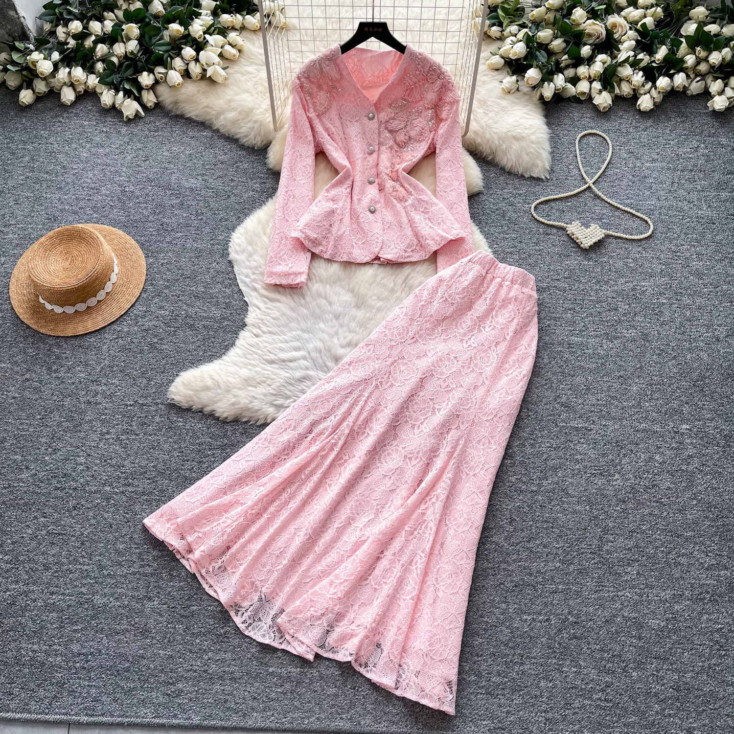 French Elegant V Neck Embroidered Lace Two Piece Set Beaded Detailing Slim Fit Autumn Office Wear Wholesale Available