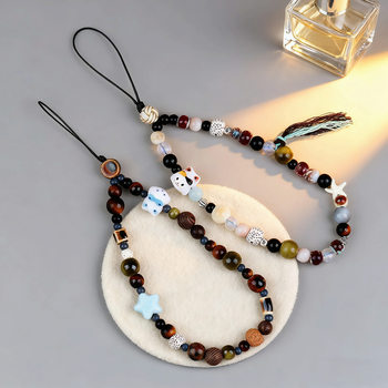 Jingdezhen Forest-Style Ceramic Cat Phone Chain Cartoon Handmade Braided Rope Bag Hanging Bracelet Literary Scenic Spot Stall Supply