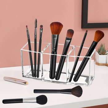 Cross-Border Simple Makeup Powder Brush Storage Box Three-Compartment Brush Bucket Eyebrow Pencil Stationery Storage Box Acrylic Desktop Storage Box
