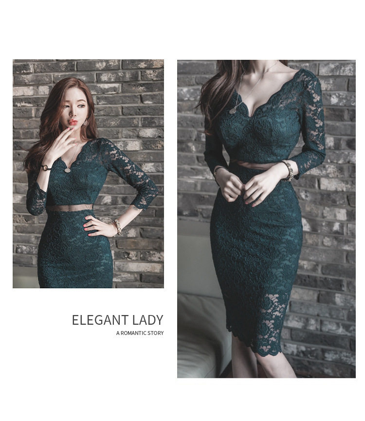 Váy Ôm Body Nữ Ren Tay Dài Cổ chữ V Trễ Vai Thanh Lịch Màu Xanh Đen chi tiết 11