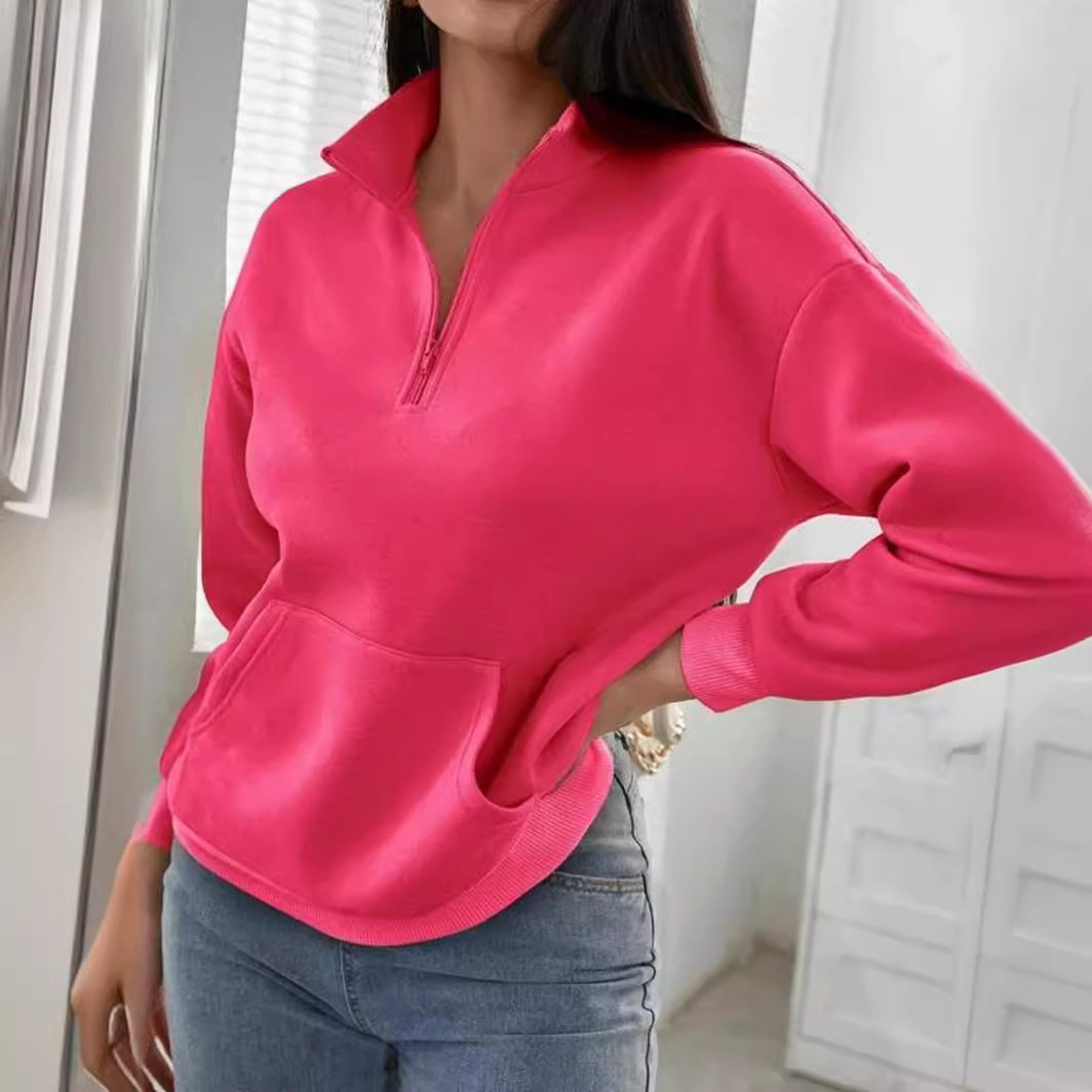 Casual Zip Pocket Hoodie Solid Color Stand Collar Autumn Winter Style Ready to Ship Wholesale Available