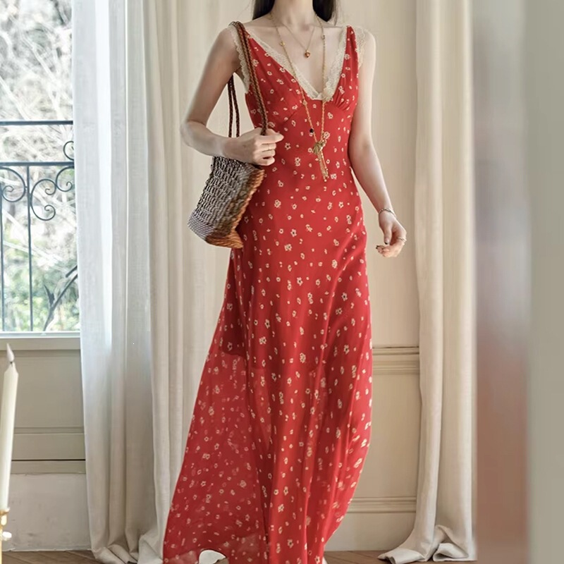 Đầm dây hai quai cổ chữ V họa tiết hoa nhí phong cách thanh lịch đi biển — 【Họa tiết hoa nhí nền đỏ】, 【Họa tiết hoa nhí nền vàng】, 【Họa tiết kẻ caro】