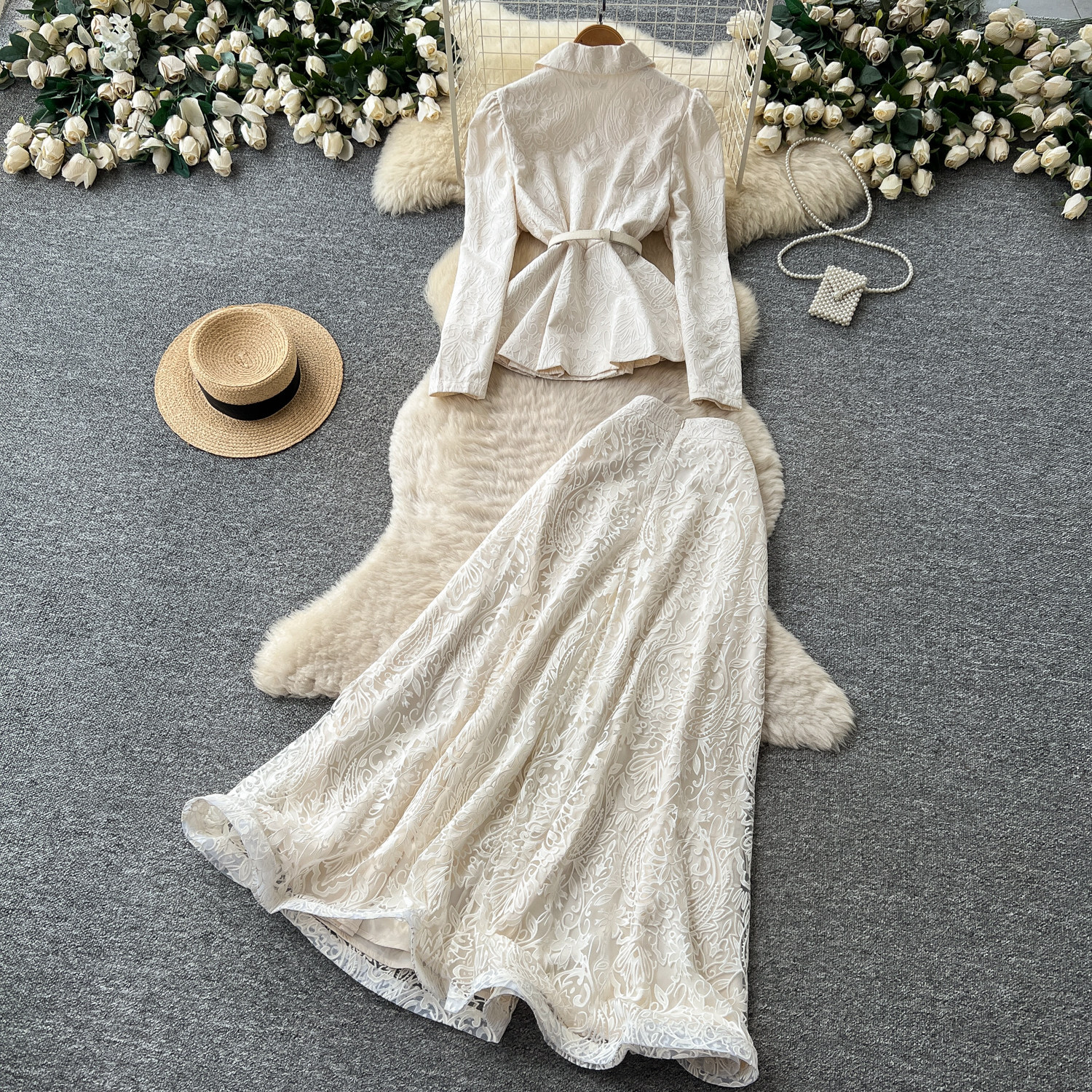 French Style V Neck Lace Top and Midi Skirt Set Elegant Slim Fit Autumn Wear Perfect for Office and Formal Occasions