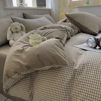 Class a 100 Cotton Yarn-Dyed Washed Cotton Combed Cotton Four-Piece Set of Bed Sheetss, Quilt Covers, Fitted Bed Sheetss, Dormitory Three-Piece Bedding Set