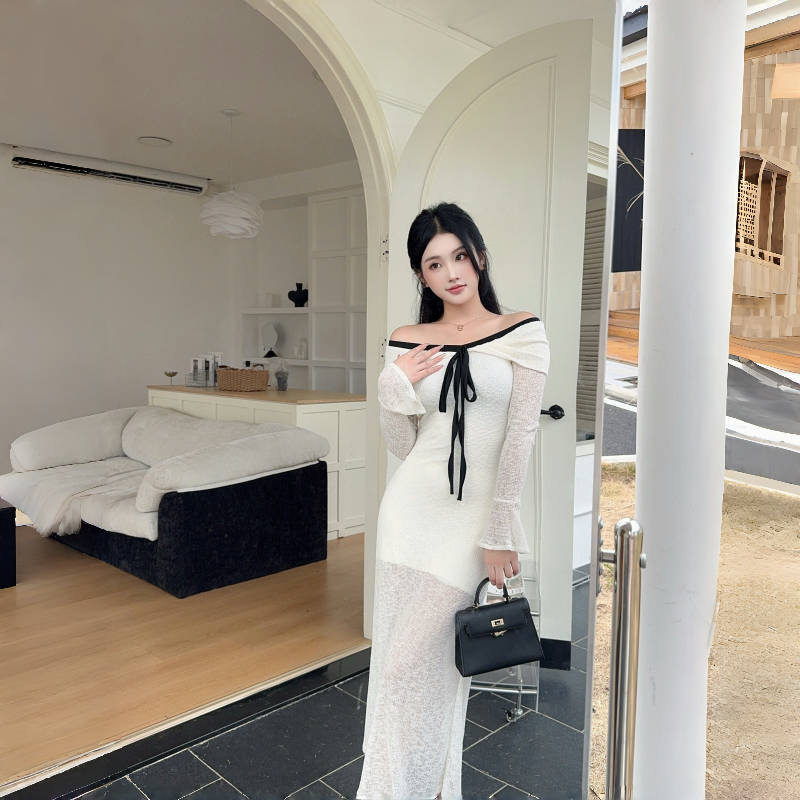 Off Shoulder Dress French Style Romantic Atmosphere Flared Sleeves Color Block Waist Defining Perfect for Evening