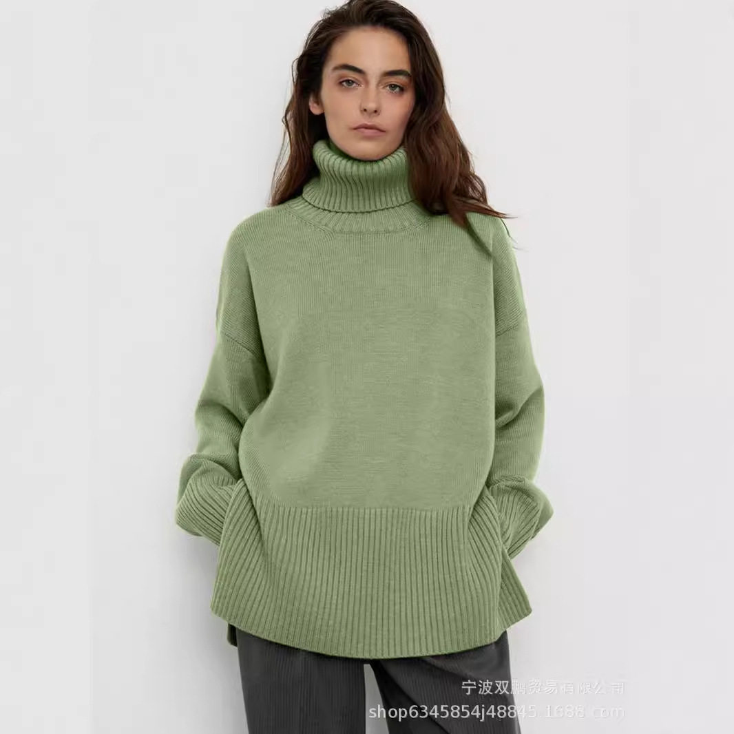 Loose Fit Turtleneck Sweater Solid Color Knitted Split Hem Autumn Winter Womens Fashion Wholesale Available