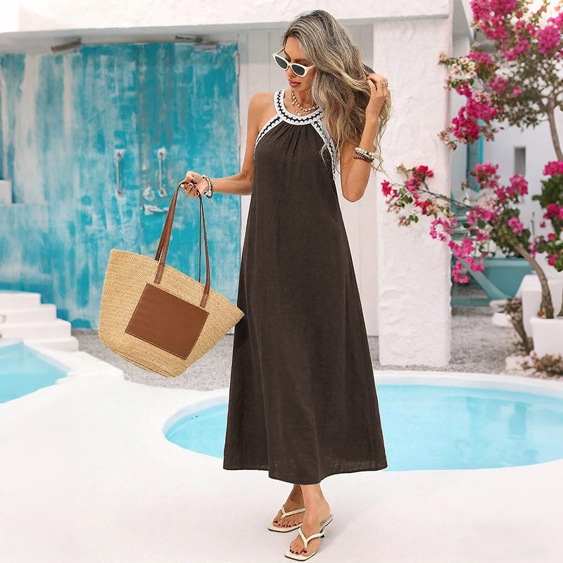 Bohemian Maxi Dress Loose Fit Lace Trim Halter Neck Summer Vacation Style Wholesale Available