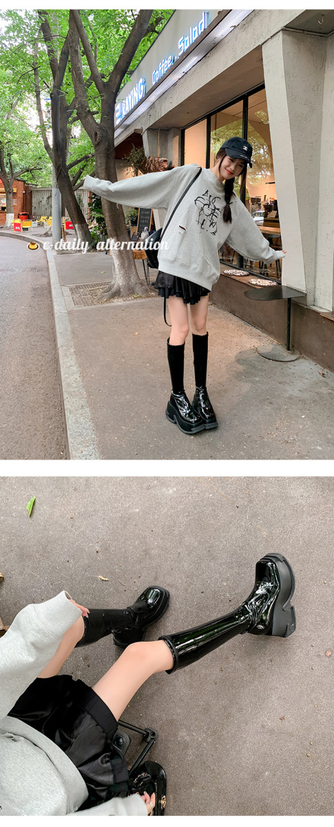 Boot nữ cổ cao ôm bắp chân gót vuông 9cm tăng chiều cao, đế dày chống trượt — Da sáng chế màu đen lót nhung ống nhỏ, Lót nhung ống nhỏ màu be, Màu đen bằng sáng chế da ống nhỏ bên trong, Màu đen da bò ống nhỏ lót một lớp