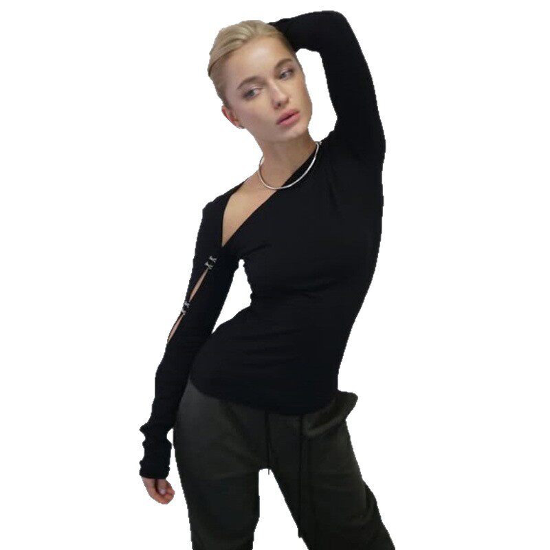 Womens Long Sleeve Slim Fit Top Solid Color Asymmetrical Shoulder Hollow Out Design Spring Fashion OEM Available
