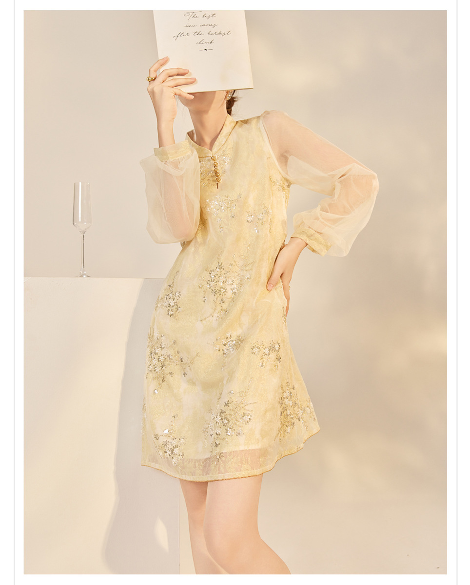 Đầm nữ cổ đứng thêu hoa dáng chữ A dài tay phong cách nghệ thuật — Vàng Champagne (giao hàng trong 7 ngày), Vàng Champagne (giao hàng trong ngày)