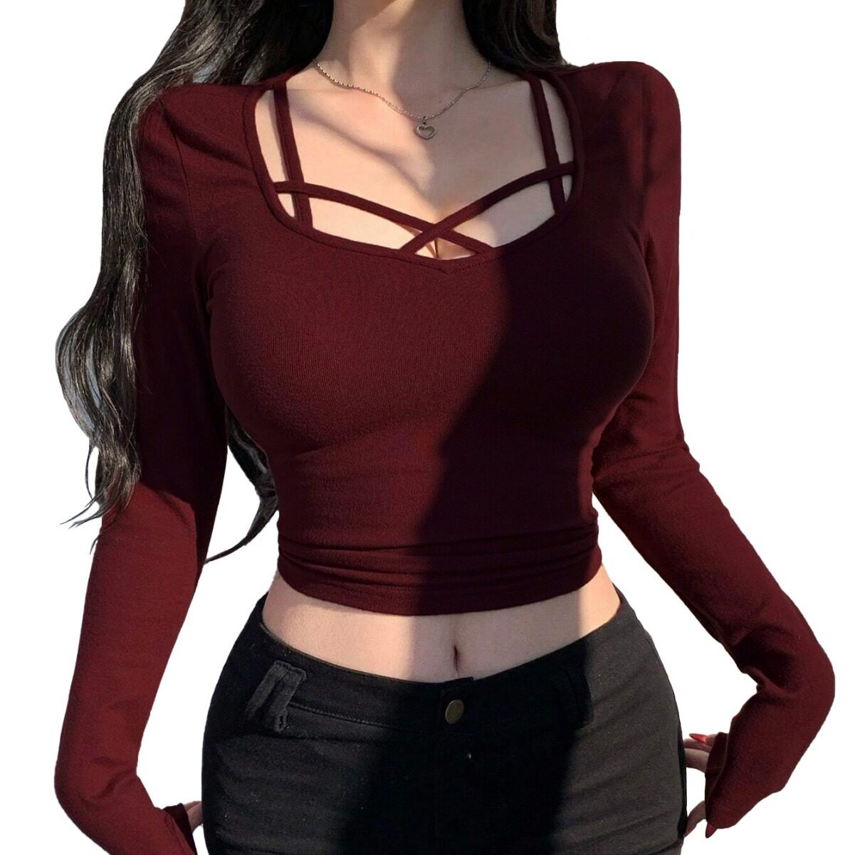 Wine Red Slim Fit T Shirt Sweet and Spicy Style Spring Summer U Neck Top for Women Wholesale Available