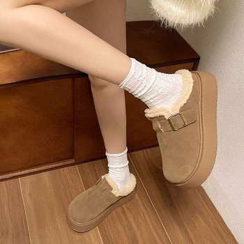 Birkenstock Shoes Thick-Soled Fleece-Lined Toe-Cap Half Slippers for Women's Outer Wear 2025 New Winter Style Furry Snow Cotton Slippers