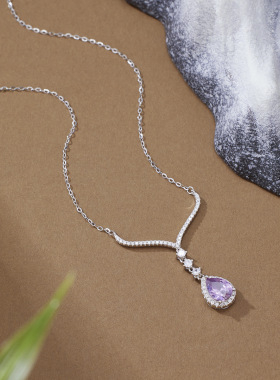 s925纯银新款水滴形项链女镶钻紫锆石闪亮精致冰花切边级感锁骨链