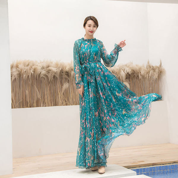 Váy Maxi Dáng Dài Tay Dài Phong Cách Bohemian Họa Tiết Chim Hoa