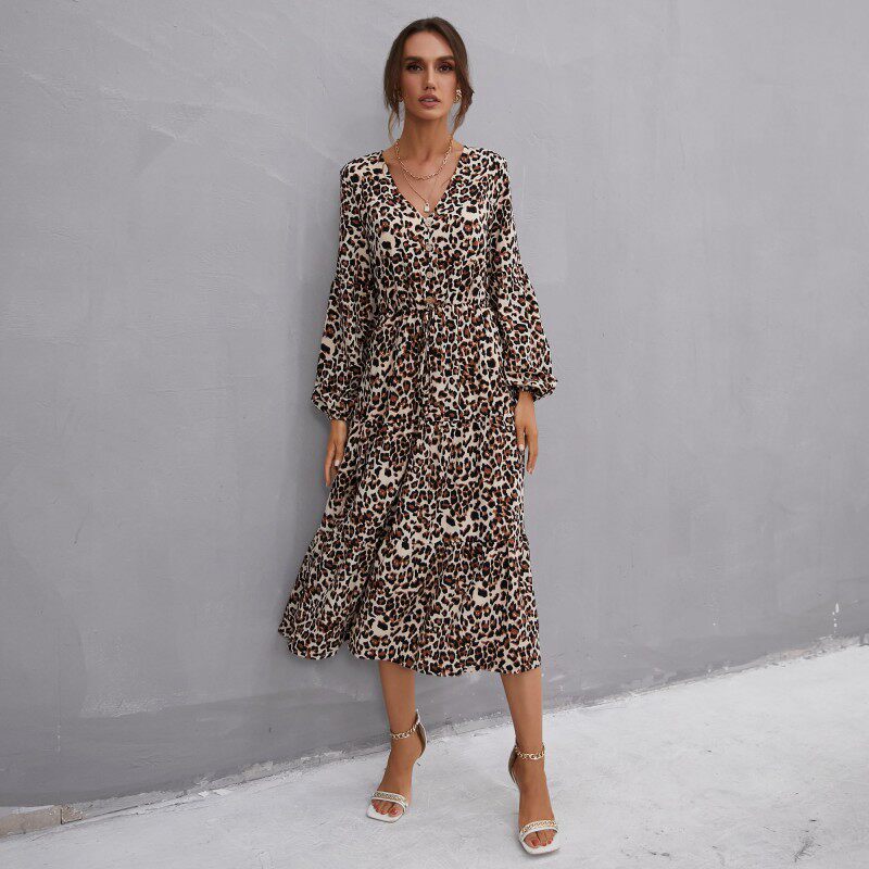 Vintage Leopard Print Long Sleeve Dress Ruffled Hem Mid Length Elegant Style Wholesale Availability