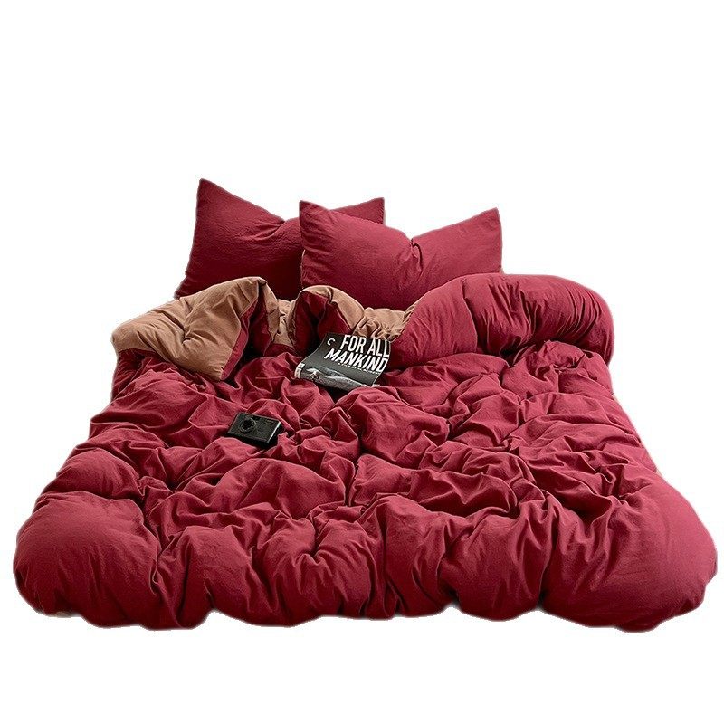 Ns Pure Color Double Wash Cotton Bed Four-Piece Set, Skin-Friendly and Naked Sleeping Bed Bed Sheets Quilt Cover Student Three-Piece Set