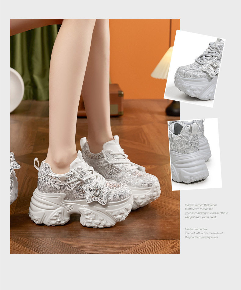 Giày sneaker nữ đế dày tăng chiều cao lưới thoáng khí dây buộc — Trắng, Bạc chi tiết 3