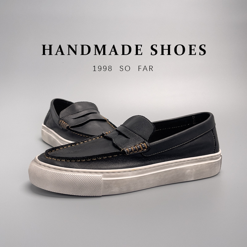 Giày loafer nam da bò thật thủ công kiểu cổ điển — Aima Orange (đánh bóng bằng tay để làm cũ), Màu đen, Chờ sương và mưa (đánh bóng bằng tay), Màu cam