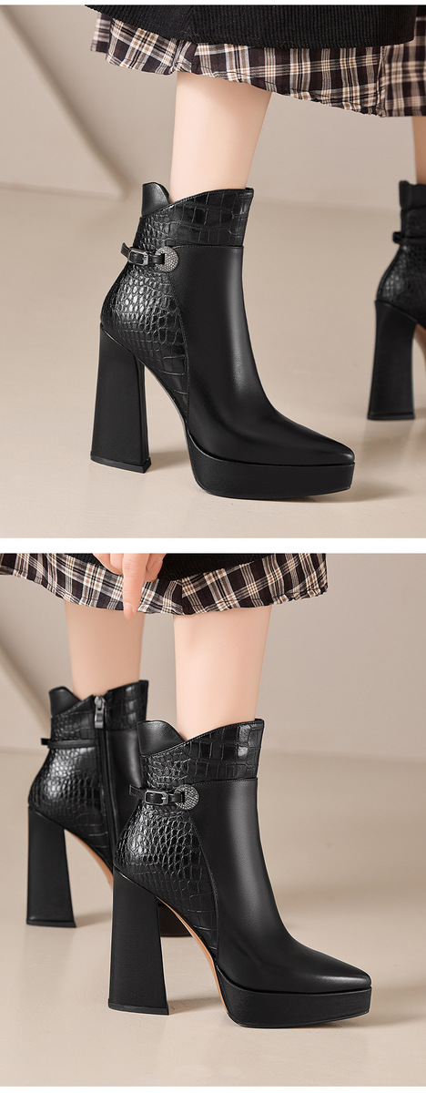 Boot nữ cổ thấp da bò mũi nhọn gót nhọn siêu cao phối khóa kéo bên — màu đen, nâu