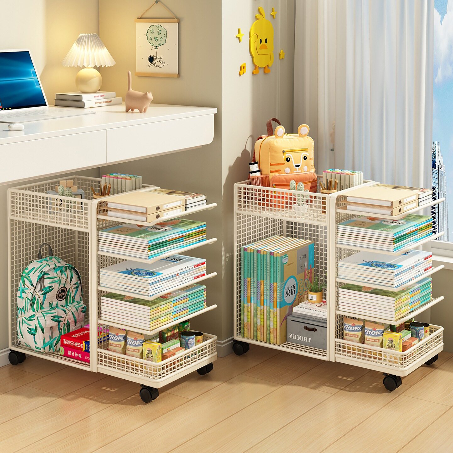 Subject Classification Storage Rack Desktop Bookshelf Desk Book Storage Wheeled Removable Book Stand Layered Rack Silk Flower