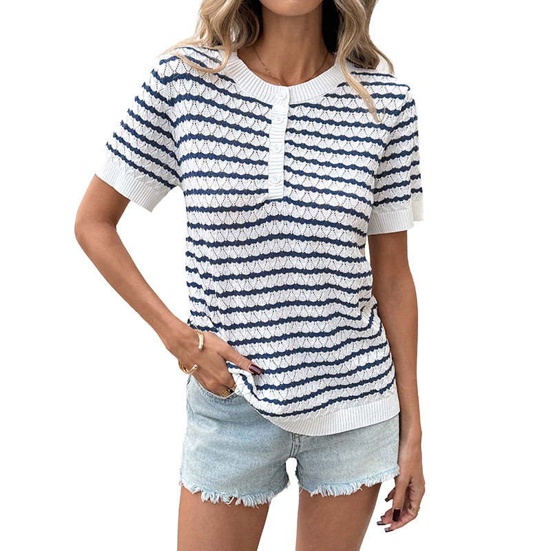 Casual Knit Top Loose Fit Straight Cut Half Placket Button Design Versatile Everyday Wear Wholesale Available